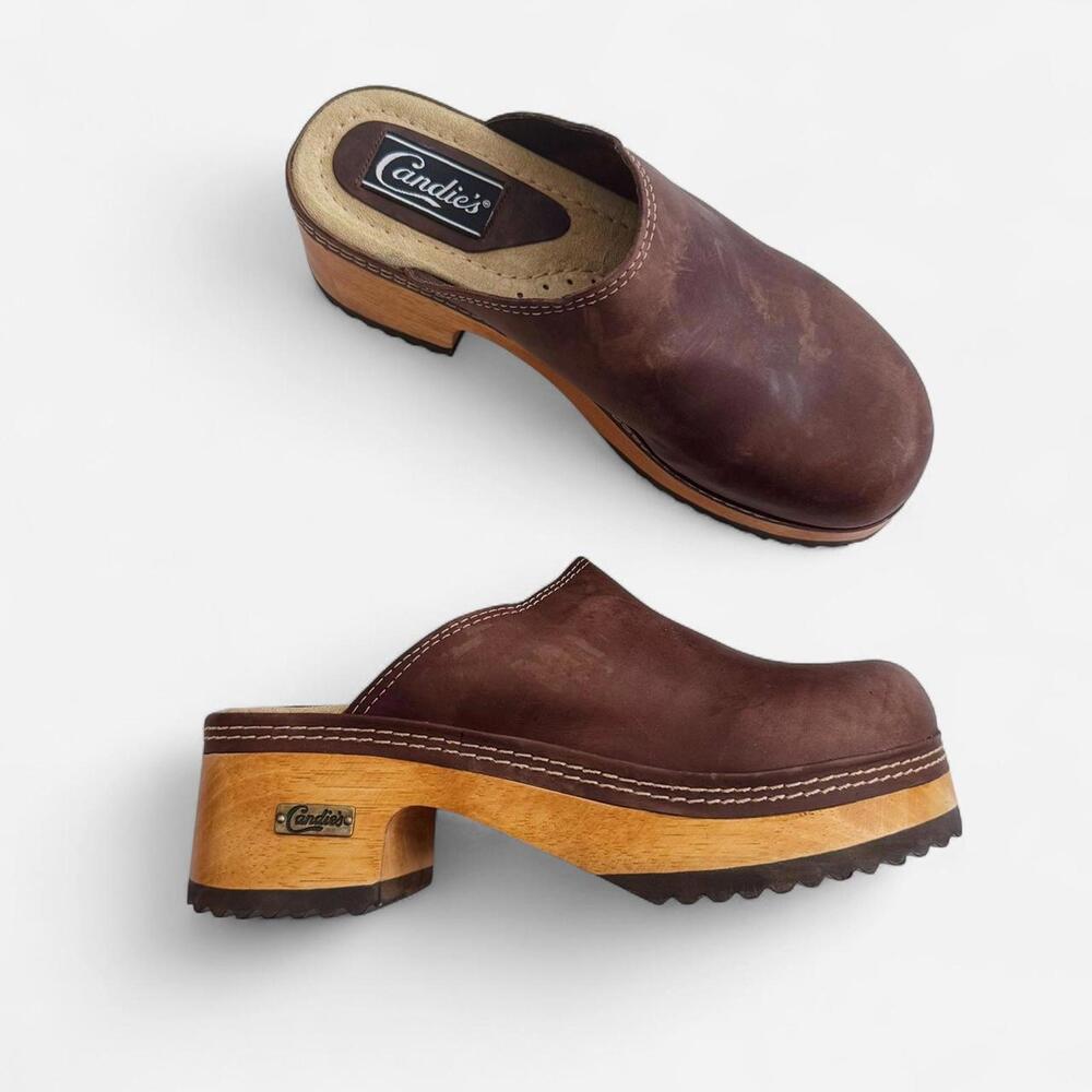 Vintage Candies Brown Leather Platform Clogs - Picture 1 of 7